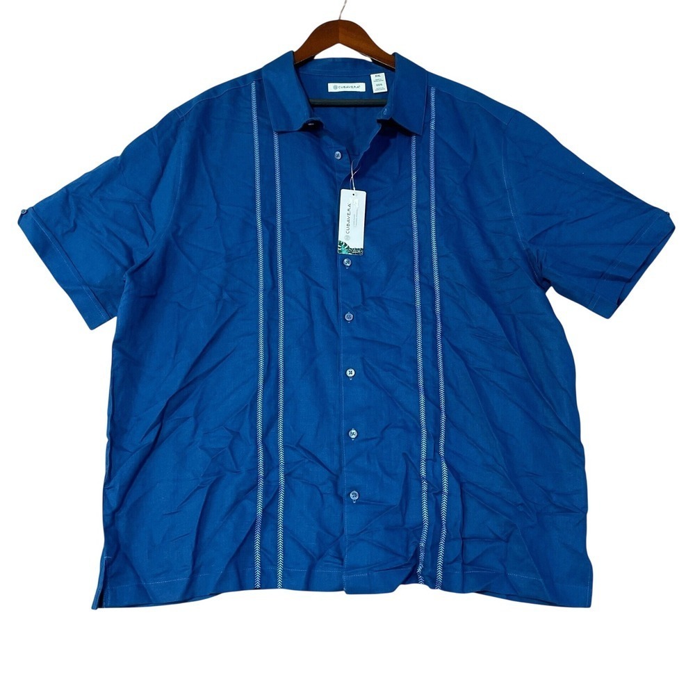 NWT Cubavera Shirt Men's XXL Blue Linen Blend Short Sleeve Beach wear